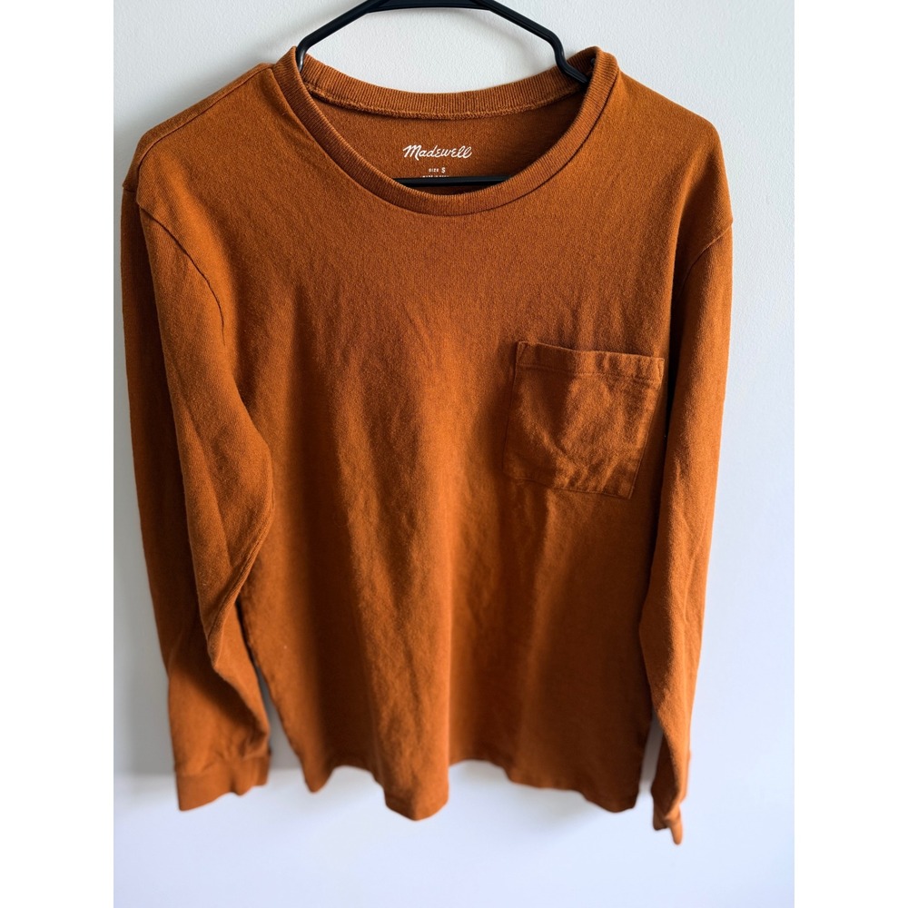 Madewell Mens Long Sleeve Pocket Tee Burnt Orange Rust Crewneck Shirt Size S